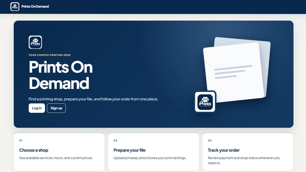 Prints On Demand landing page with its printing workflow and document illustration.