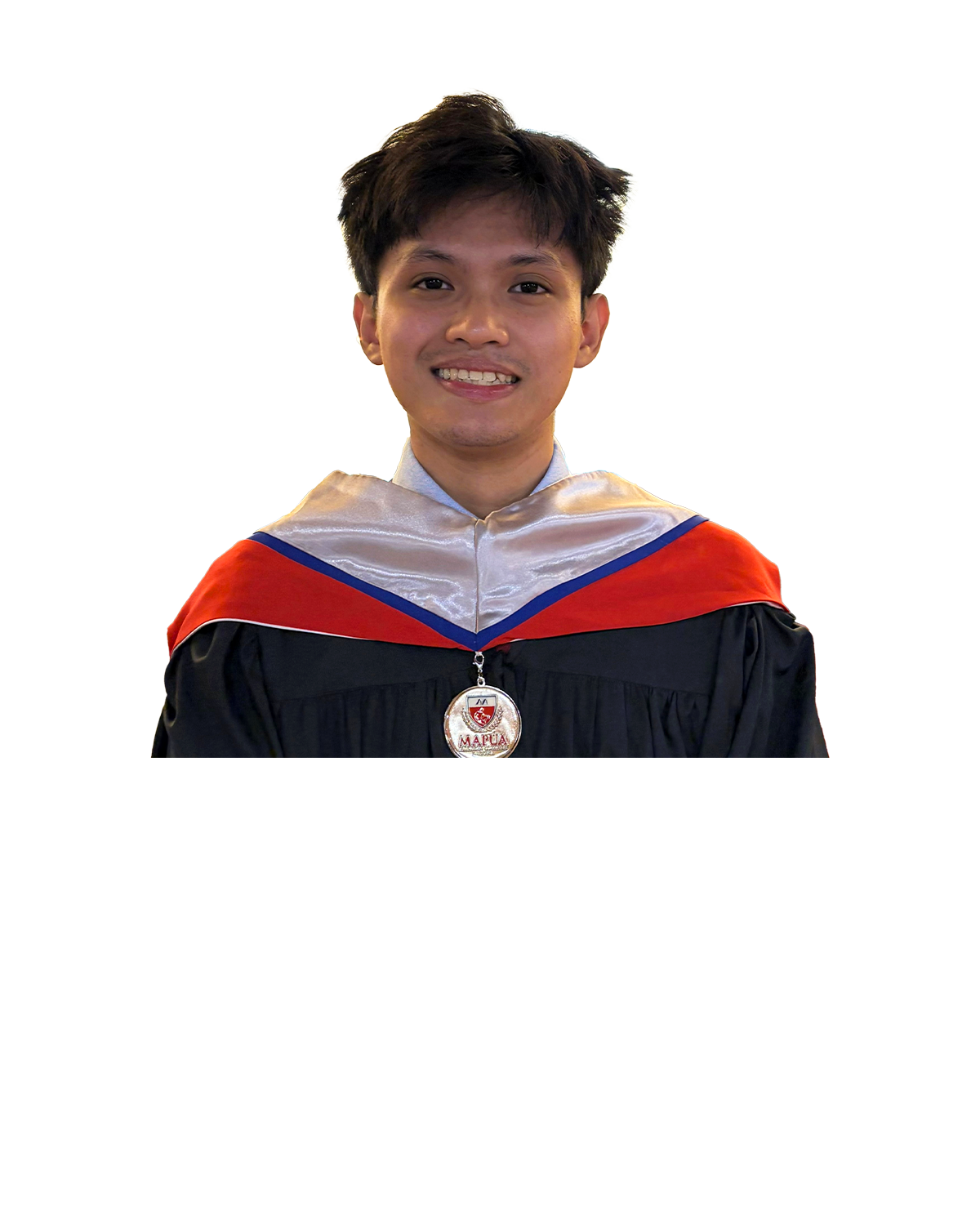 Rafael Doloso smiling in his graduation gown and Mapúa medallion.